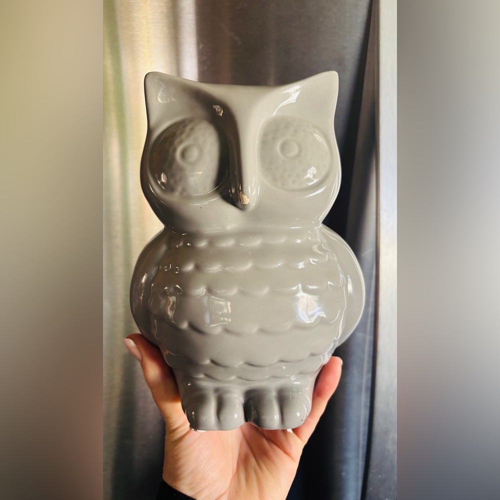 Vintage Ceramic Owl Piggy Bank Gray Mid Century Decor